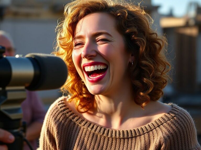 Sarah Chalke in a candid, warm-toned portrait with a playful smile, wearing a casual yet stylish outfit. The background featu