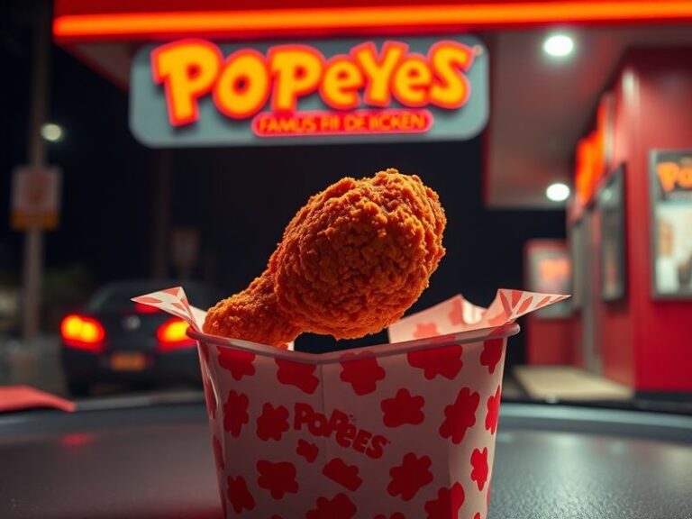 A vibrant fast-food counter displaying Popeyes' One Piece-themed chicken buckets and sandwiches, surrounded by anime-inspired