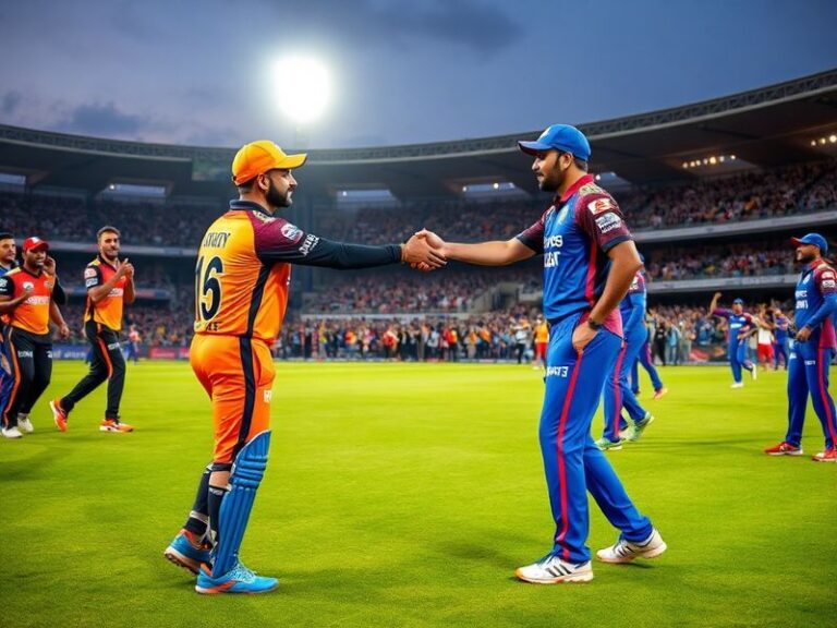 A packed stadium with SRH and RR players in action during a high-scoring IPL match. The stands are filled with fans in orange