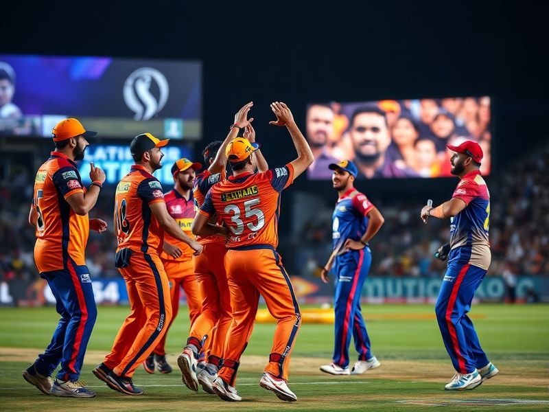 A vibrant cricket stadium with SRH and RR players in action during a high-stakes IPL match. The image captures the energy of