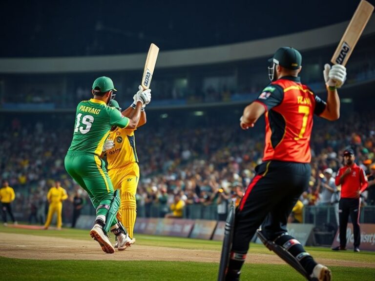 A vibrant cricket stadium atmosphere during a Peshawar Zalmi vs Multan Sultans match, featuring players in action, cheering f
