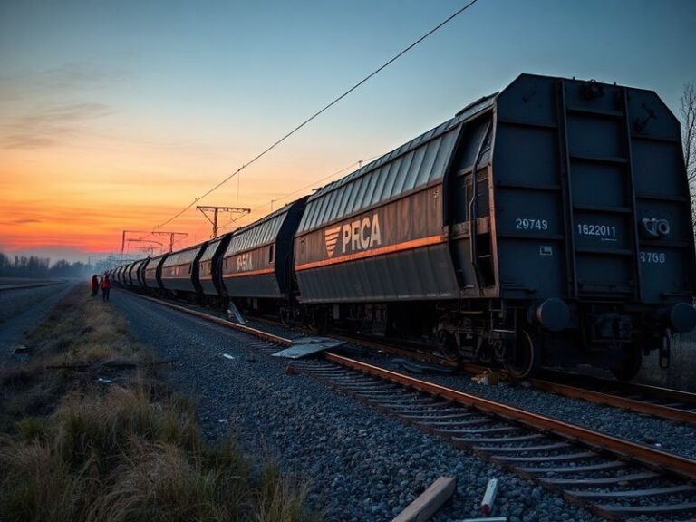 A split-image visual: on one side, a derailed train on snowy tracks with emergency responders; on the other, a person sitting