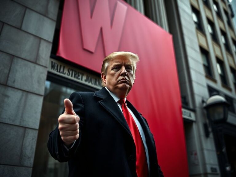 A courtroom sketch-style illustration showing Donald Trump at a podium facing a large Wall Street Journal newspaper, with a g