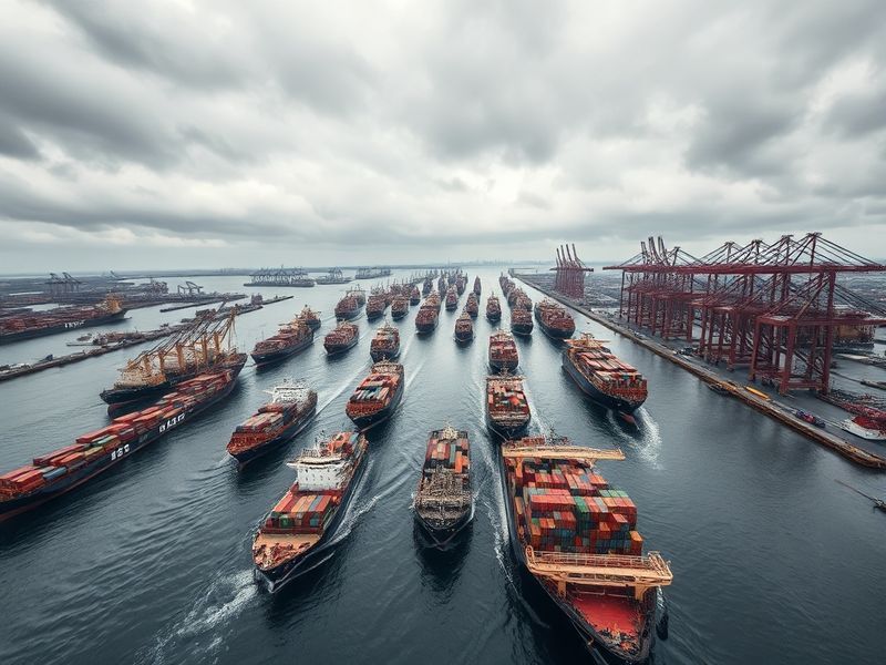 A bustling port at dusk with large container ships, cranes lifting colorful cargo boxes, and a warm golden light reflecting o