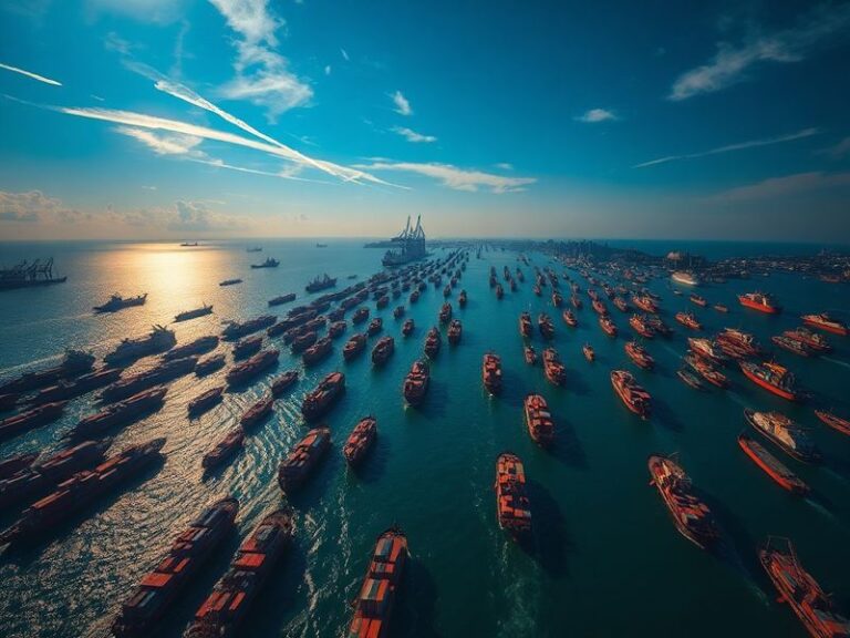 A wide-angle shot of a bustling port at dusk, with container ships, cranes, and cargo stacks illuminated by city lights. The
