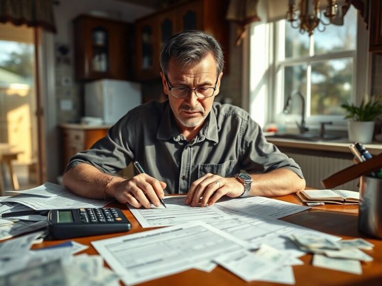 A professional illustration of a taxpayer at a desk with a laptop, calculator, and IRS payment form. The scene is set in a we
