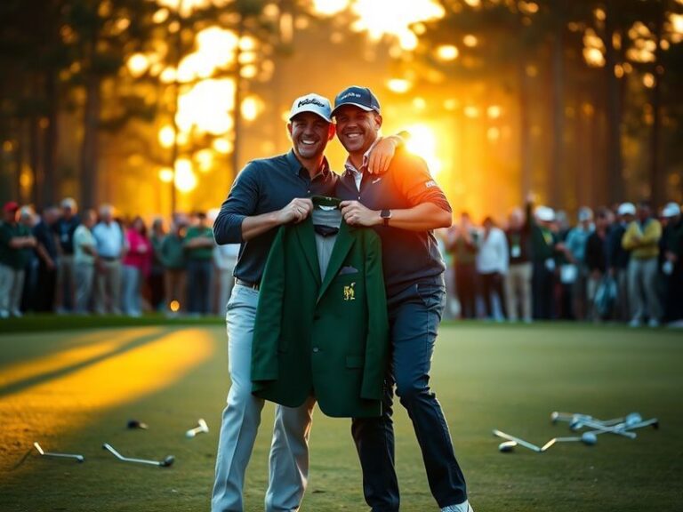 A split-screen image of Mike Greenberg and Sergio Garcia in the broadcast booth at Augusta National, with Garcia gesturing em