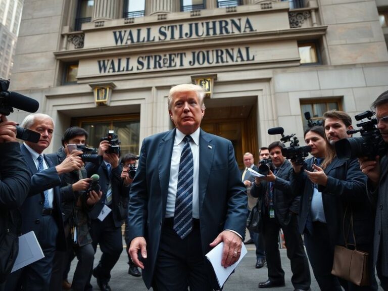 A split image showing Donald Trump on the left, appearing stern, and the Wall Street Journal logo on the right against a back