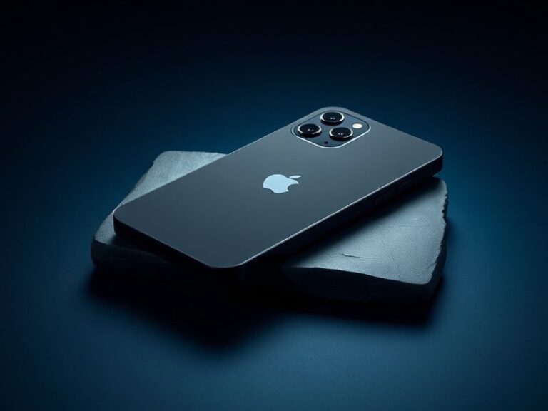 A sleek iPhone 17 Pro displayed on a minimalist desk setup, showcasing its titanium frame and edge-to-edge display. The backg