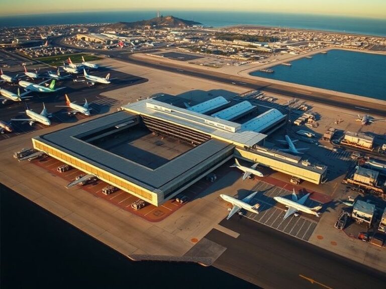Aerial view of San Diego International Airport with its distinctive terminal buildings, single runway, and surrounding urban