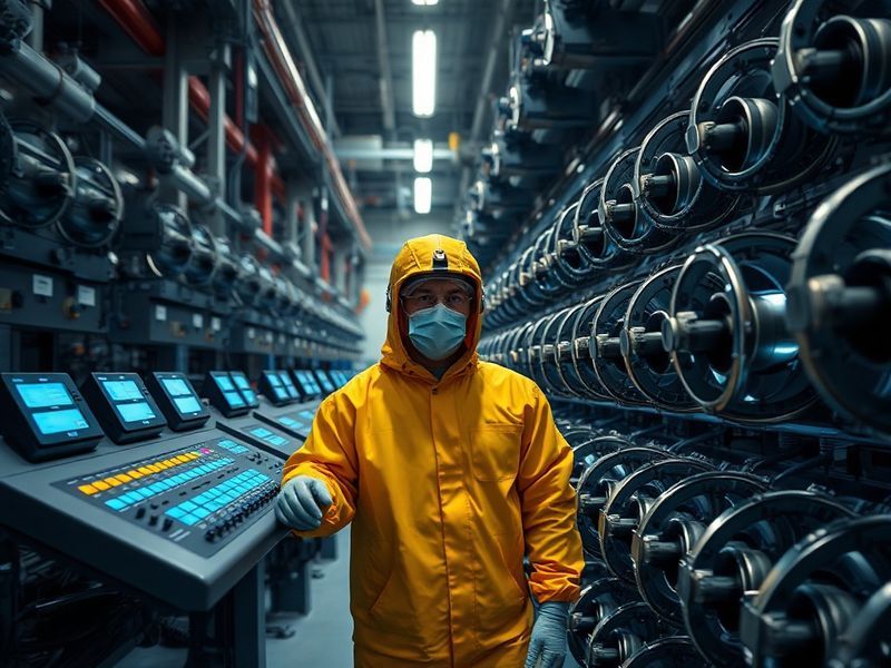A high-tech industrial facility with centrifuges spinning in a blue-lit room, nuclear fuel rods in the foreground, and a glob