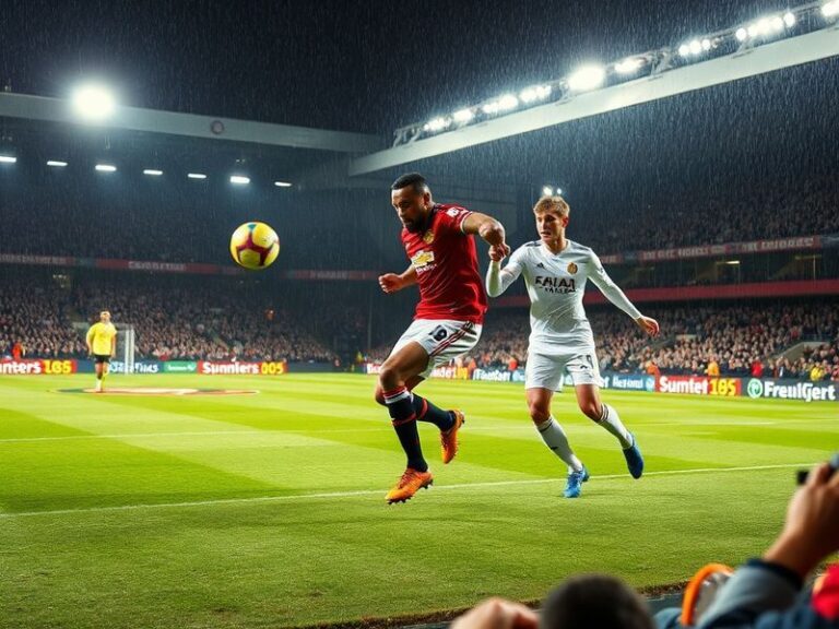 A split-image visual showing Old Trafford on the left and Elland Road on the right, with fans in scarves and jerseys creating