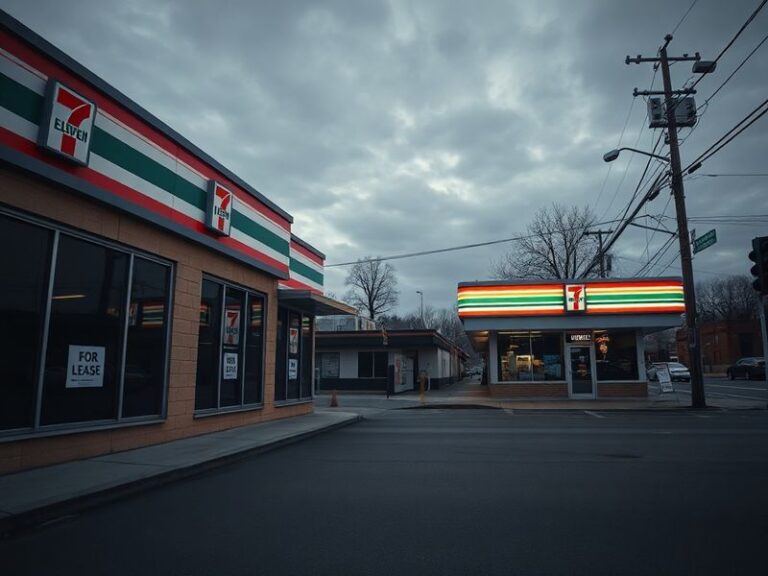 A 7-Eleven storefront at dusk, with a 'Closing Soon' sign in the window. The image shows the iconic 7-Eleven logo partially i
