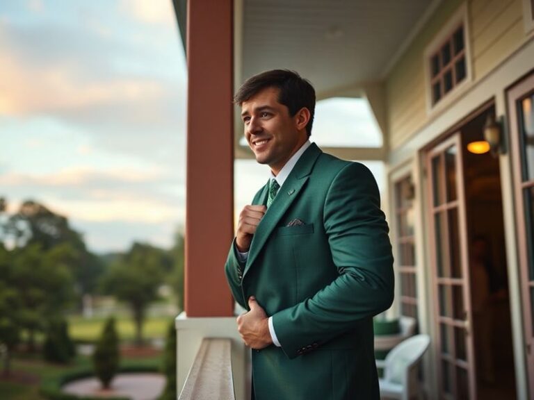 Rory McIlroy in the green jacket on the 18th green at Augusta National, surrounded by caddie and family, with a warm spring a