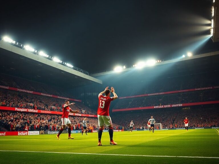 A packed Old Trafford stadium with Manchester United and Leeds United players contesting a header during a Premier League mat