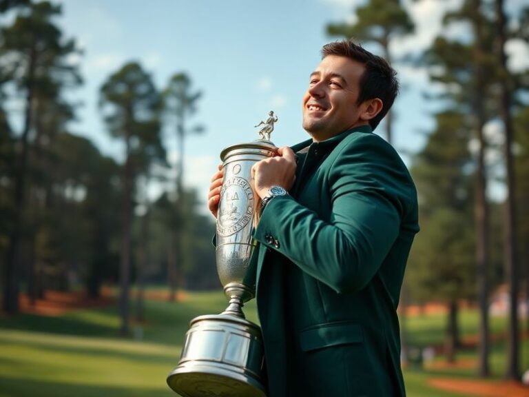 A triumphant Rory McIlroy holding the green jacket at Augusta National, surrounded by caddies and officials under a golden la