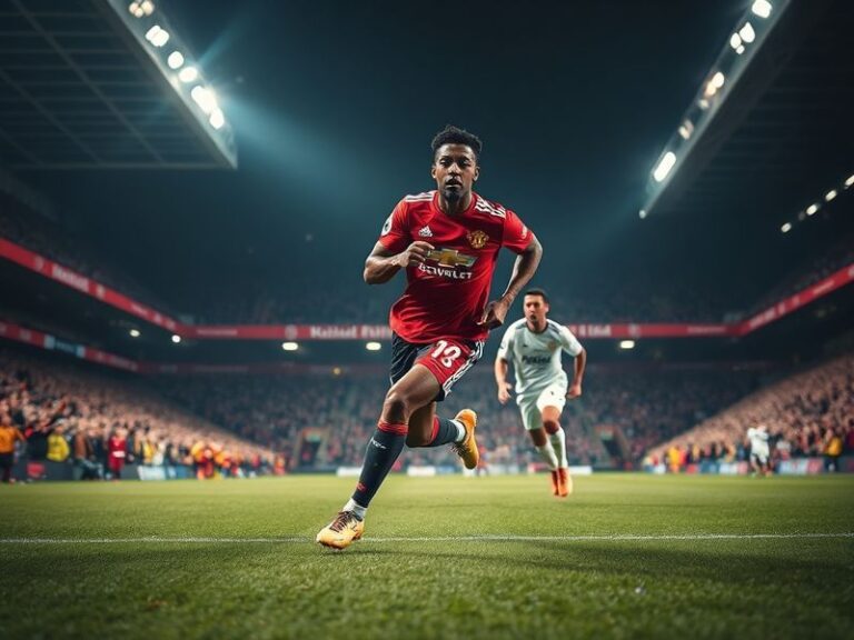 A dramatic shot of Manchester United and Leeds United players mid-match at Old Trafford, with flares in the stands and intens