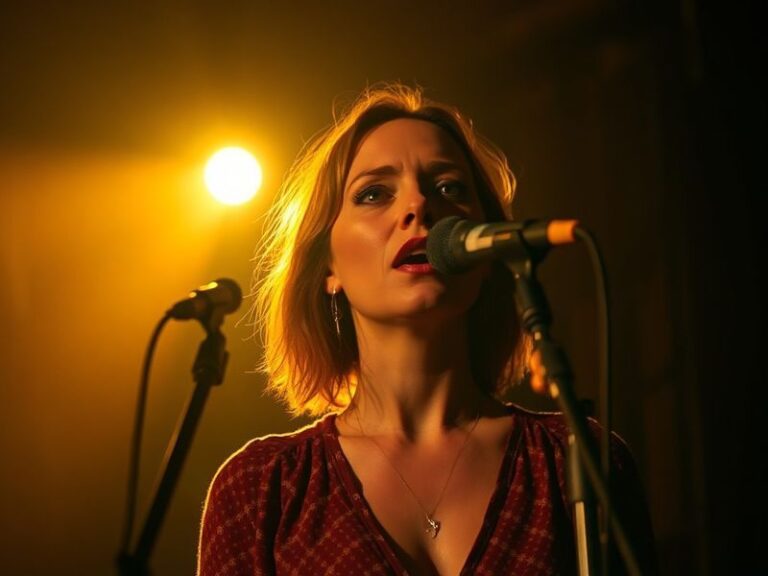 A close-up portrait of Molly Windsor on a film set, wearing a neutral-toned outfit with soft lighting highlighting her expres