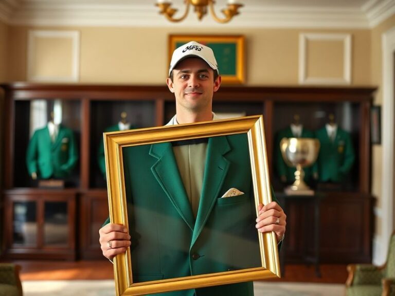 Rory McIlroy holding the 2025 Masters green jacket on the 18th green at Augusta National, surrounded by cheering fans and fel