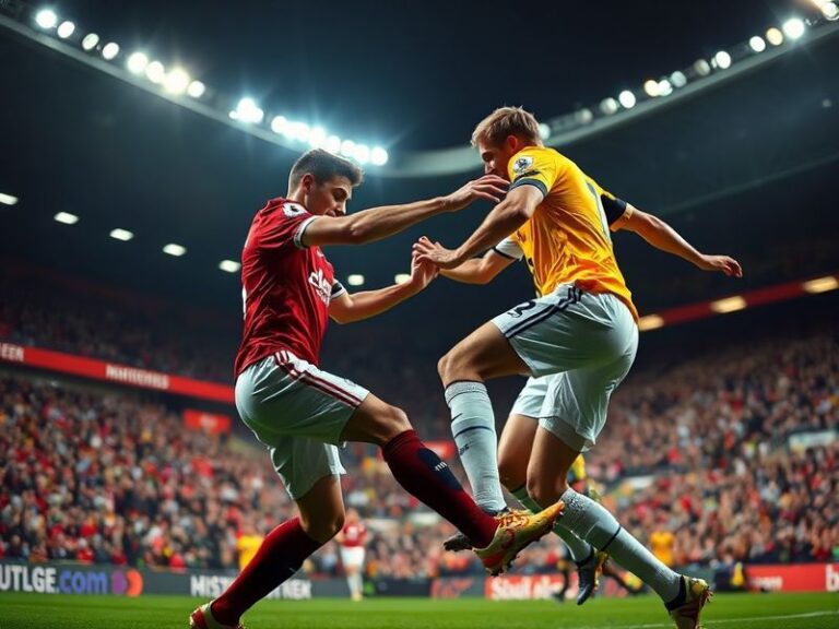A dynamic action shot of Manchester United vs Leeds United match at Old Trafford, showing players in mid-action, with the Uni