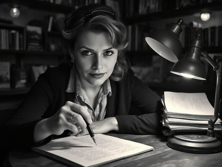 A collage-style image featuring Freida McFadden surrounded by stacks of her bestselling books, with a warm home setting in th