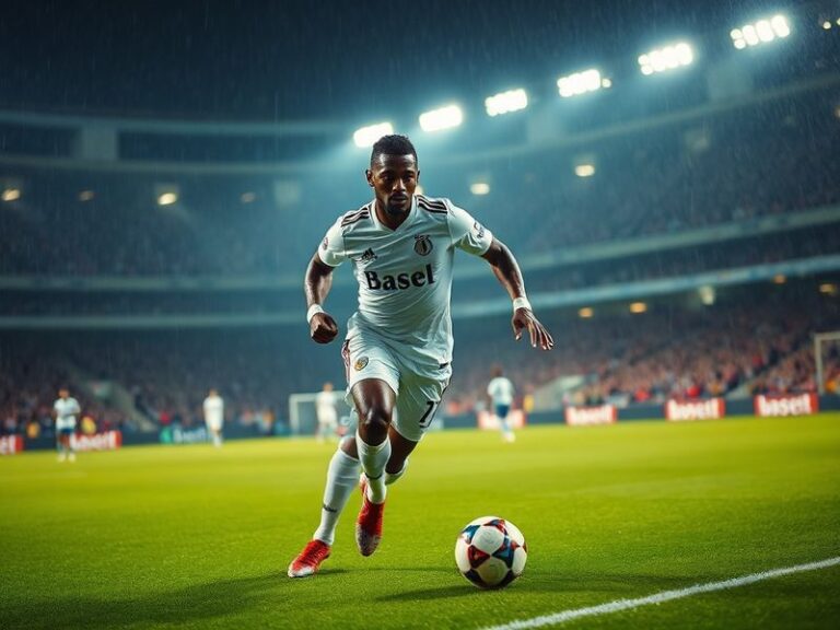 Noah Okafor in action during an AC Milan match, wearing the iconic red-and-black stripes, dribbling past an opponent with a f