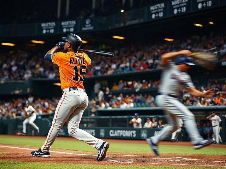 A tense moment at T-Mobile Park during a 2023 Astros-Mariners game, featuring Julio Rodríguez at bat, Jeremy Peña in the fiel