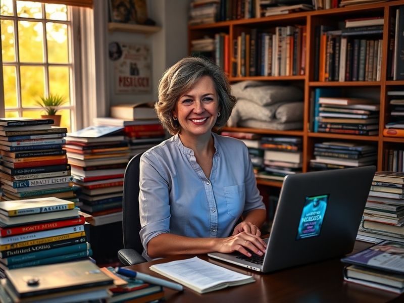 A split-image scene: on the left, a stethoscope and open book lie on a wooden desk; on the right, a stack of Freida McFadden’