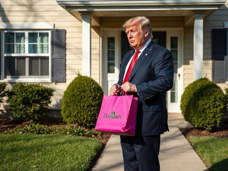A DoorDash delivery bag with a political flyer peeking out, placed on a suburban doorstep at dusk, with a blurred American fl