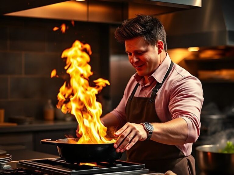 A vibrant scene of Bobby Flay in a modern outdoor kitchen setting, grilling with flames rising and contestants working intens