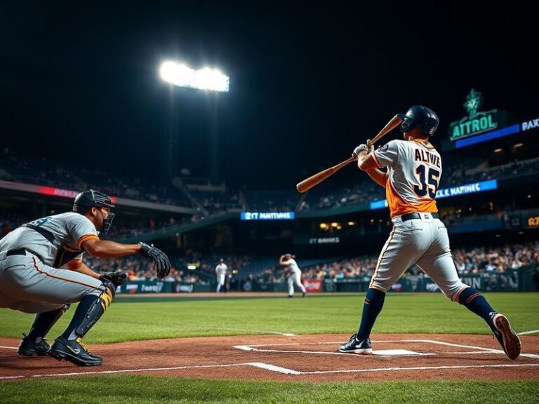 A vibrant baseball stadium scene at night, featuring the Houston Astros and Seattle Mariners dugouts with players in action,