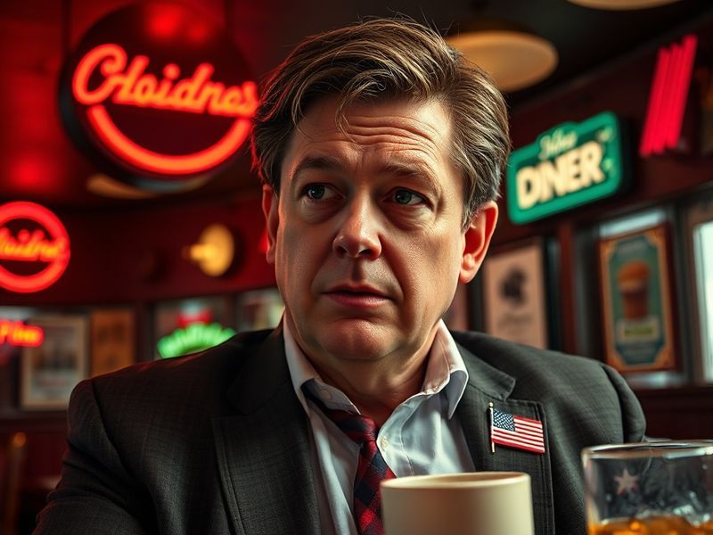 A split-image composition: on the left, a young J.D. Vance in a working-class Ohio setting; on the right, a formal portrait o