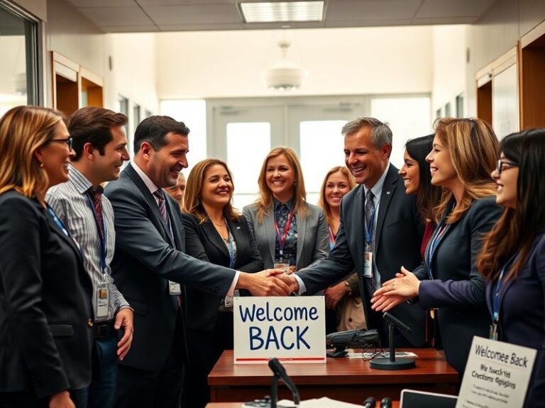 A government building exterior with a 'Department of Homeland Security' sign in the foreground. Employees in uniform and busi