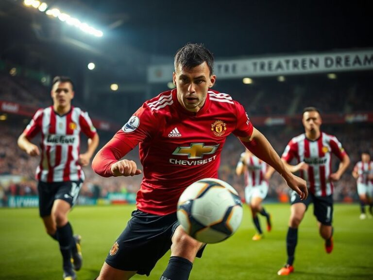A dynamic action shot of Lisandro Martínez in a Manchester United kit, mid-tackle during a Premier League match, with Old Tra