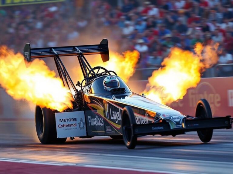 A dramatic shot of a Top Fuel dragster launching off the line at Pomona Raceway during the NHRA Winternationals, with flames