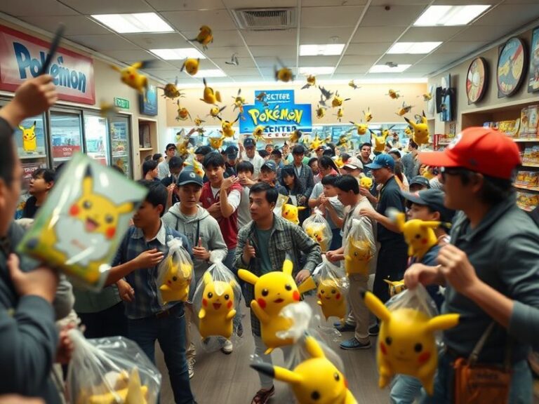 A crowded Pokemon Center with long lines of frustrated customers, empty shelves, and staff scrambling to restock merchandise.