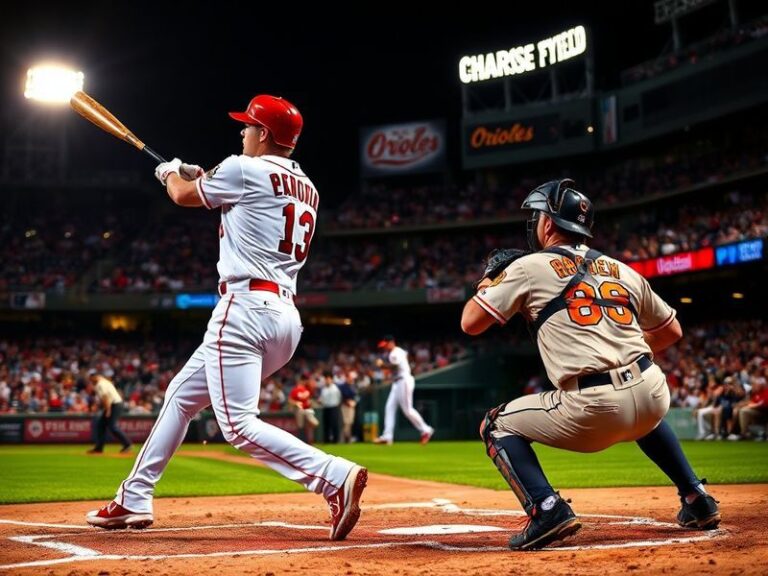 A split-screen image of Zac Gallen pitching for the Diamondbacks and Gunnar Henderson hitting for the Orioles, with Chase Fie