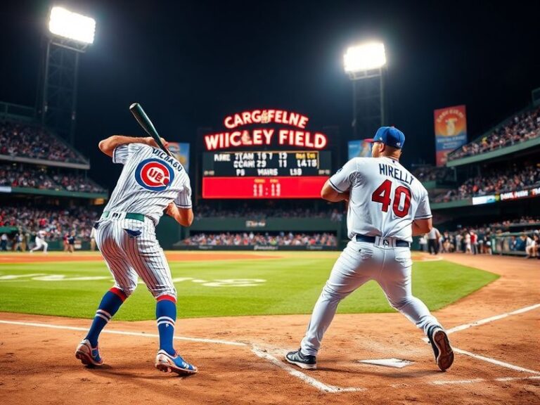 A split-screen image showing Wrigley Field in Chicago with Cubs players on the field and Citizens Bank Park in Philadelphia w