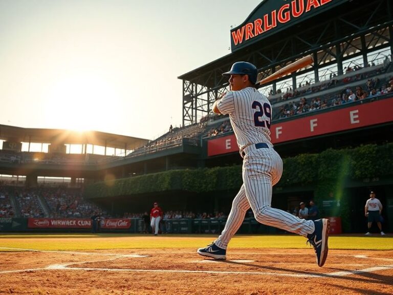 A split-image scene showing Wrigley Field’s iconic red marquee on the left and Citizens Bank Park’s Phillie Phanatic mascot o