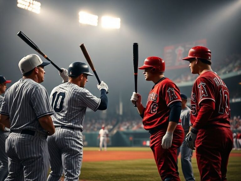 A split-screen image showing the Los Angeles Angels' Mike Trout and the New York Yankees' Aaron Judge mid-swing during a game