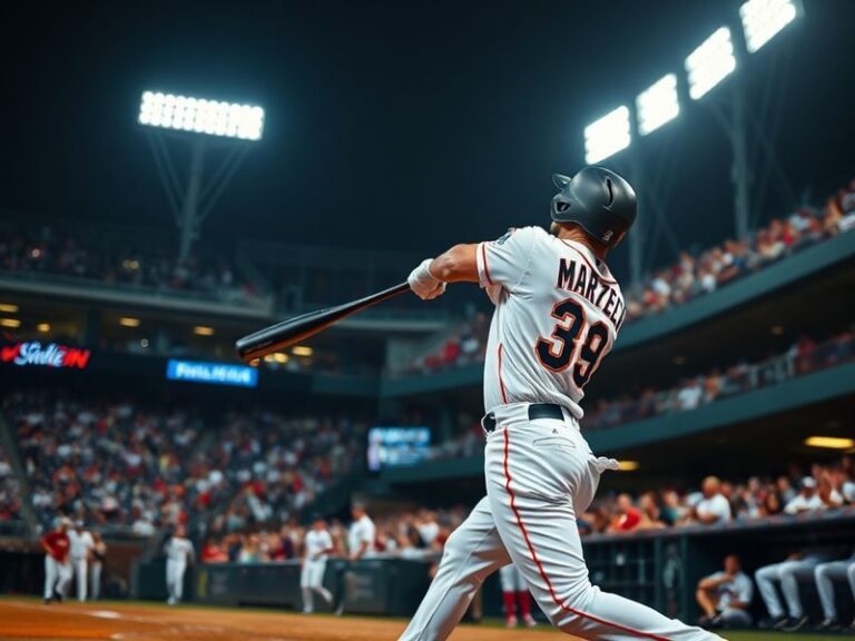 A nighttime shot of Truist Park in Atlanta during a game between the Marlins and Braves, featuring players in action, bright