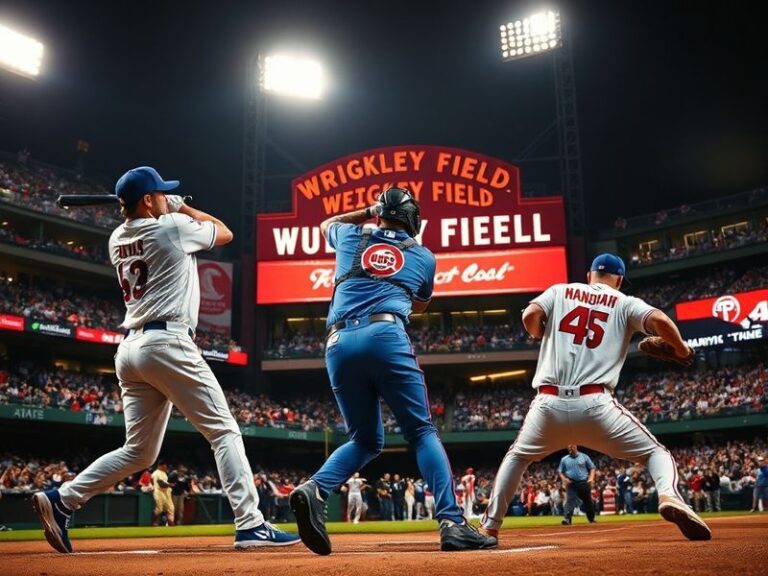 A vibrant shot of Wrigley Field during a Cubs vs Phillies game, with ivy-covered walls, fans in the stands, and players on th