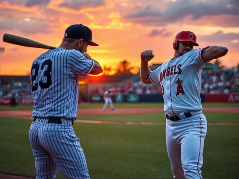A split-screen image showing Shohei Ohtani pitching for the Angels in one half and Aaron Judge hitting for the Yankees in the