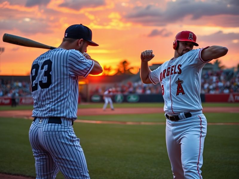 A split-screen image showing Shohei Ohtani pitching for the Angels in one half and Aaron Judge hitting for the Yankees in the