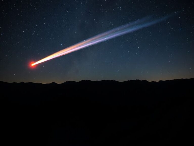 A vibrant night sky with a bright meteor fireball streaking across, leaving a glowing trail. In the foreground, silhouettes o