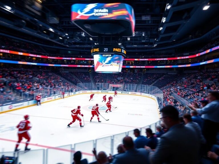 A split-screen image showing a Red Wings player battling a Lightning skater in a fast-paced playoff game, with the Detroit sk