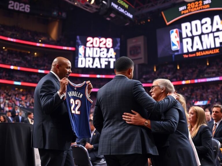 A dynamic basketball court with a spotlight on a high school or college player mid-jump shot, surrounded by silhouettes of NB