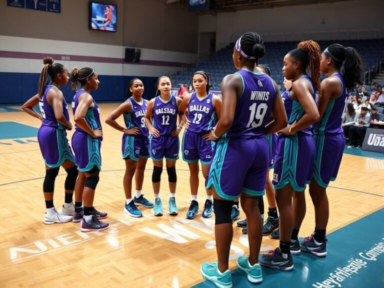 A dynamic action shot of the Dallas Wings on the court during a game, featuring Arike Ogunbowale mid-shot, surrounded by team