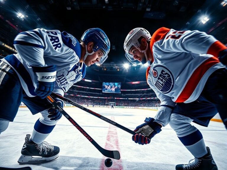 A split-screen image showing Jake Oettinger making a save for the Stars on one side and Auston Matthews celebrating a goal fo