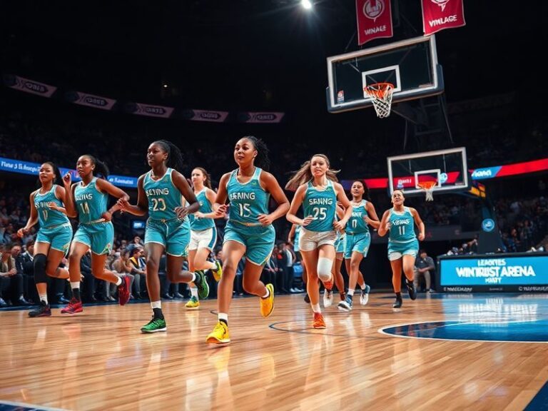 A dynamic action shot of the Chicago Sky team celebrating on the court during a game, highlighting key players like A'ja Wils